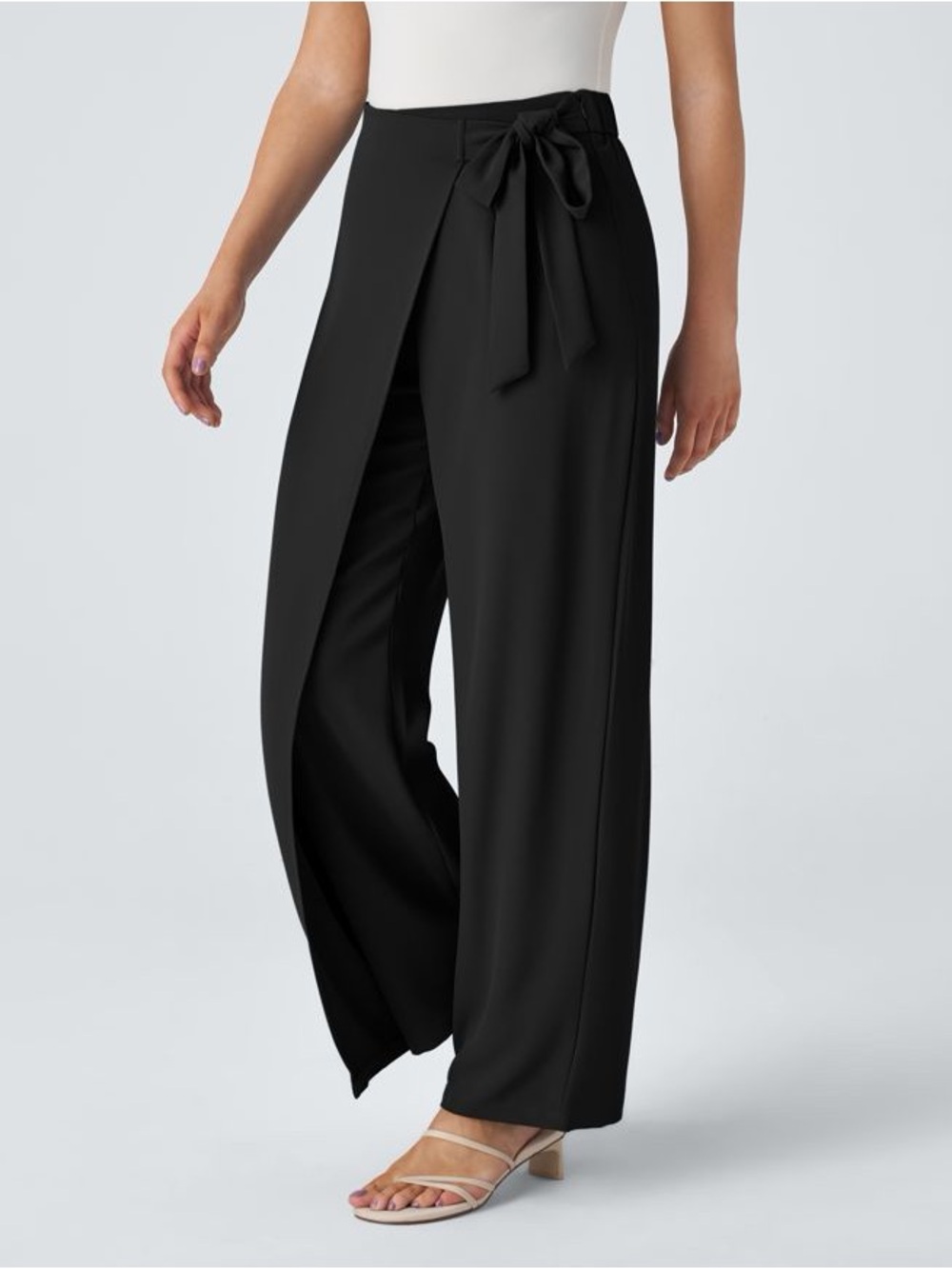 HALARA Black Wrap-Front Wide Leg Pants with Side Tie